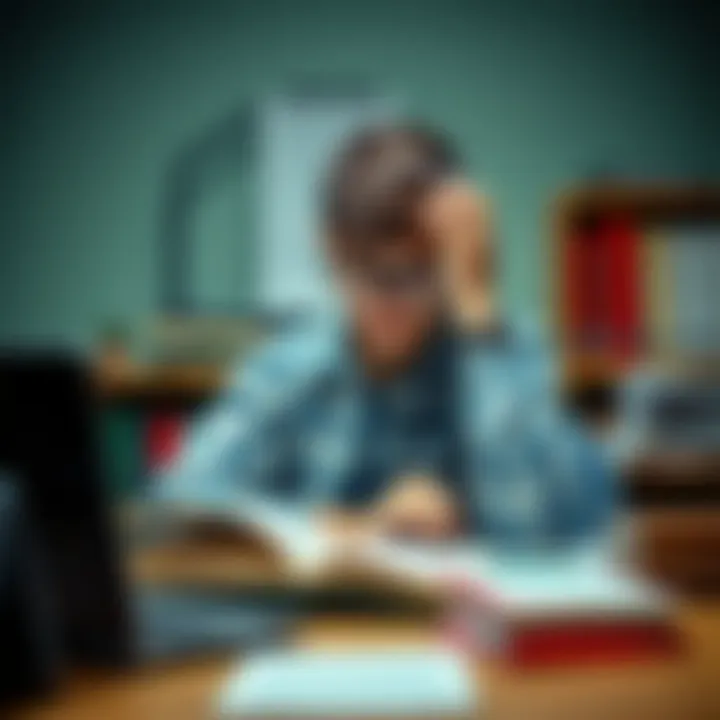 A student sitting at a desk, looking stressed and overwhelmed with textbooks around her, symbolizing the impact of subliminal messages during study time.