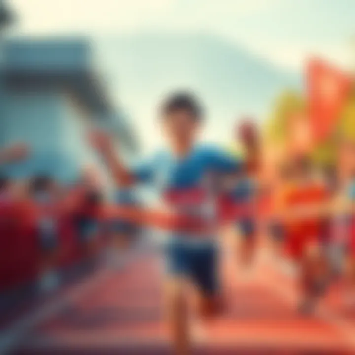 Student Celebrating a Race Finish A student joyfully crossing the finish line in a school running race, surrounded by cheering friends, capturing the excitement of the moment.