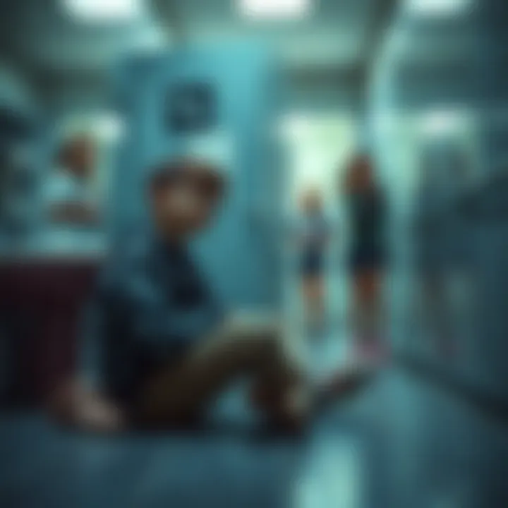 A disoriented student sits on the floor of a school bathroom, looking shocked as altered classmates stand outside the door with strange expressions.