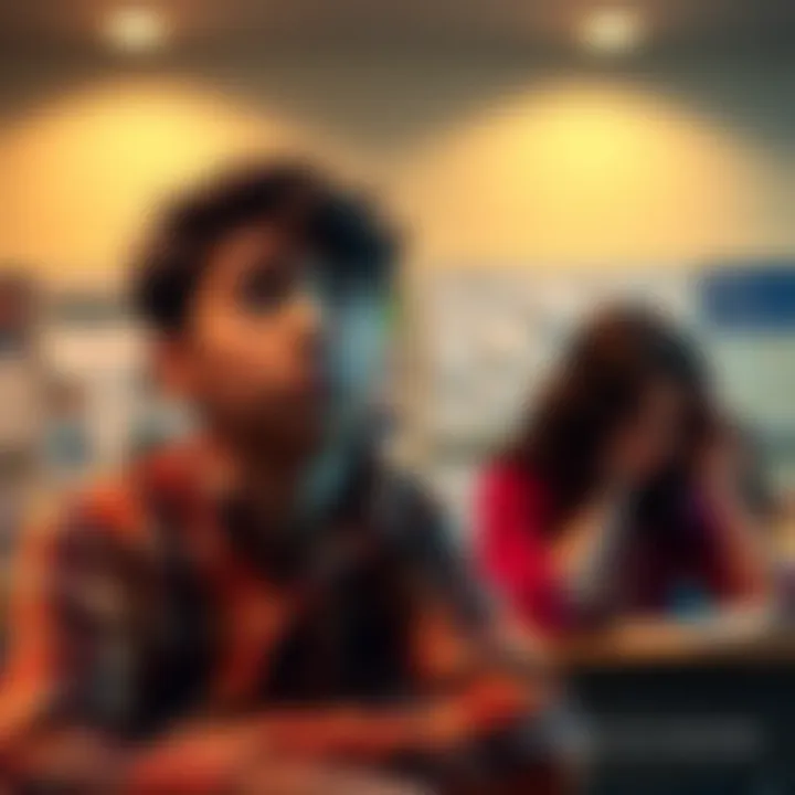 A student looks worried while gazing at a classmate in a classroom setting, showing signs of confusion and jealousy.