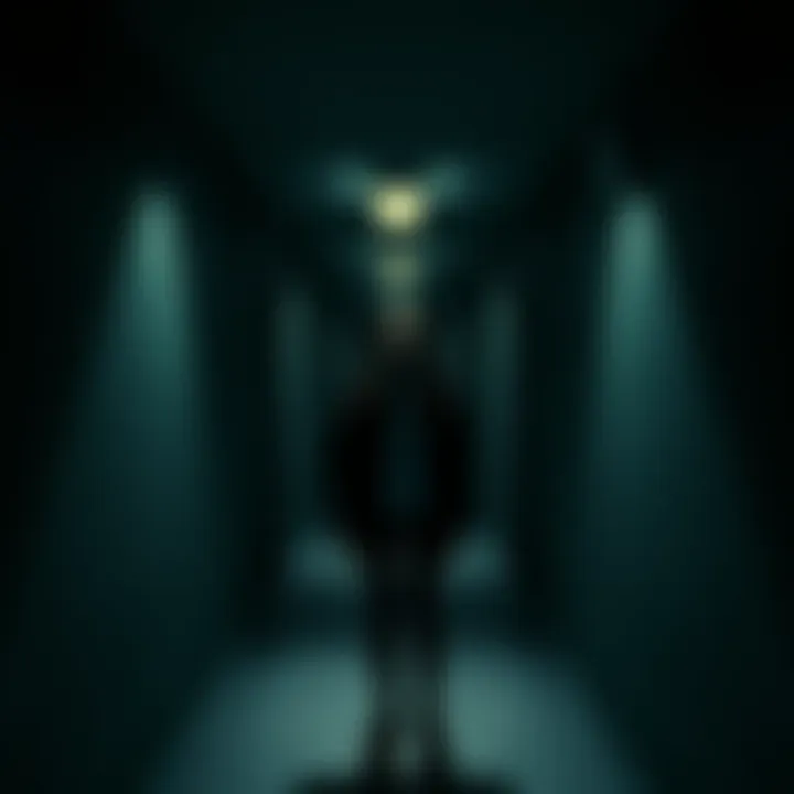 A UCL student looking scared in a dimly lit hallway of Ramsay Hall, with shadows looming around her.