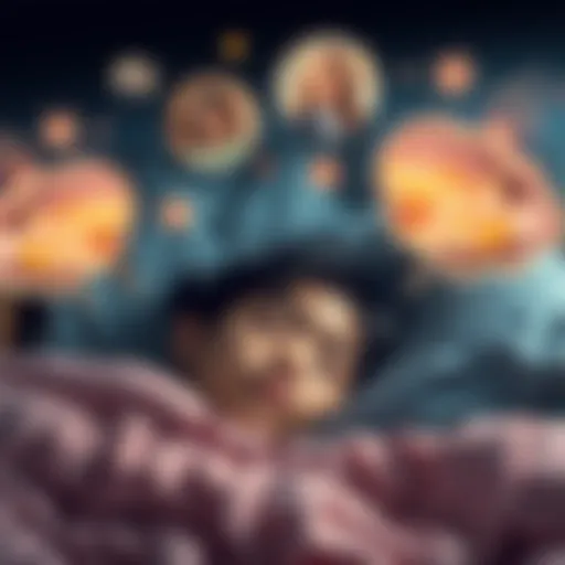 A student sleeps with a dreamy expression, surrounded by floating thoughts of her teacher, blending fantasy and reality, with a soft glow emphasizing her feelings.