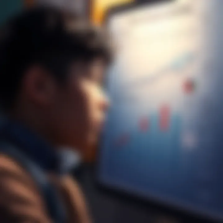 A student contemplates educational growth while examining a chart filled with learning insights.