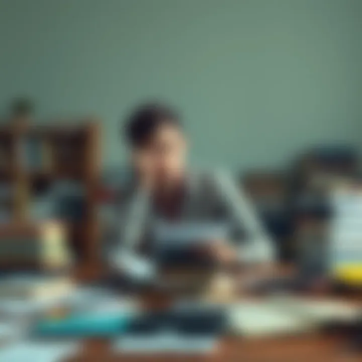 A student sits at a desk surrounded by textbooks, looking thoughtful and stressed as they weigh the decision to take exams or wait, with notes scattered around them.