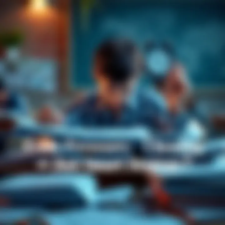 A stressed student sitting at a desk filled with exam papers and notes, looking anxious while glancing at a clock