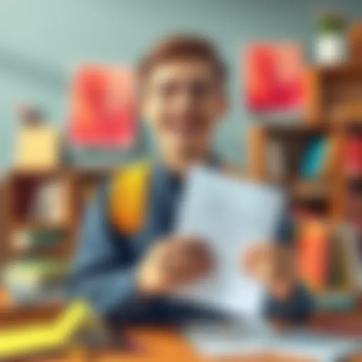 A student joyfully holding exam results with a big smile, surrounded by books and motivational notes, symbolizing triumph over challenges.