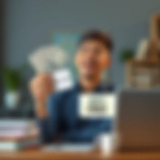 A happy student with a big smile, holding cash and a note that says 'Debt-Free', surrounded by books and a laptop, symbolizing financial freedom.