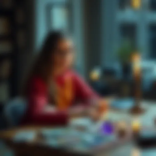 A university student sitting at a desk with tarot cards and crystals, ready to answer questions for free readings