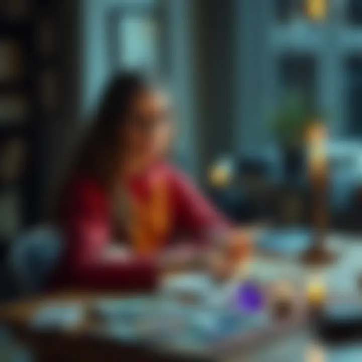 A university student sitting at a desk with tarot cards and crystals, ready to answer questions for free readings