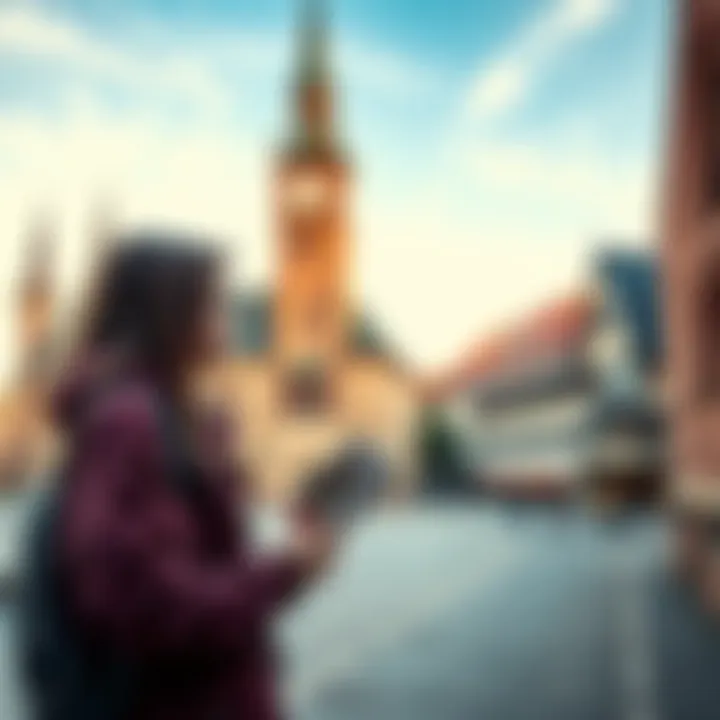 A student stands outside a Masonic lodge in Leipzig, Germany, with a backdrop of historic buildings, holding a travel guide and looking thoughtful about their exchange program.