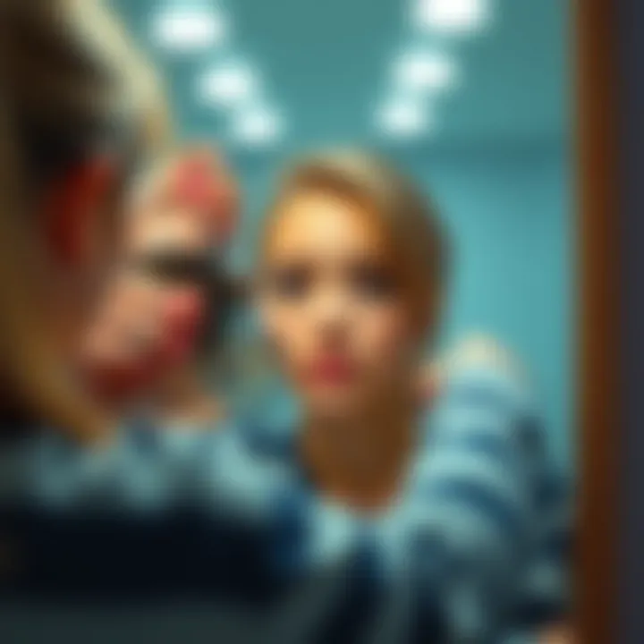 A student applying makeup and adjusting their hairstyle in front of a mirror, focused on achieving a symmetrical face and defined nose