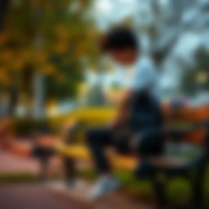 A student sitting on a park bench with a backpack, looking down in contemplation, symbolizing struggle with homelessness.