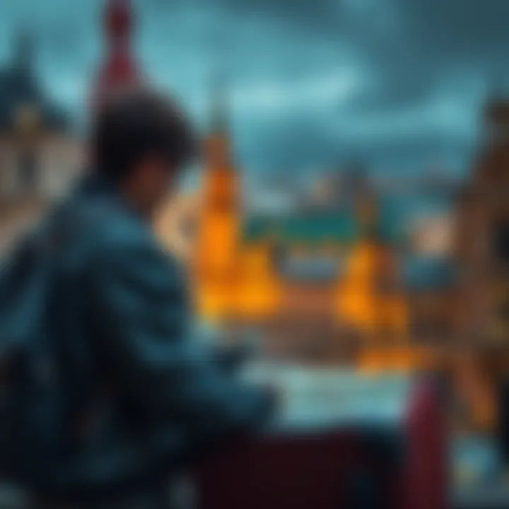 A student looking at a map of Krakow with their suitcase beside them, contemplating living on the Saturn/Ascendant line.