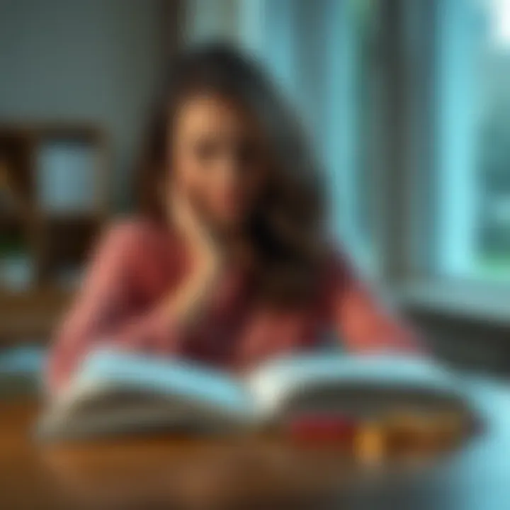 A young woman sitting at a desk, looking thoughtfully at a college textbook, with a wedding ring on the table beside her, symbolizing her conflict between pursuing education and family pressure to mar...