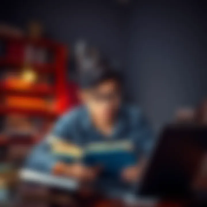 A former showbiz professional studying for an MBA, surrounded by books and a laptop, looking focused and determined.