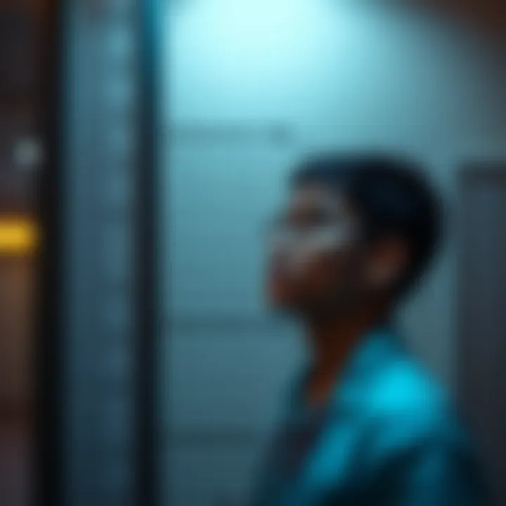 A medical student standing at a height measurement booth, looking at a height chart with a focused expression.