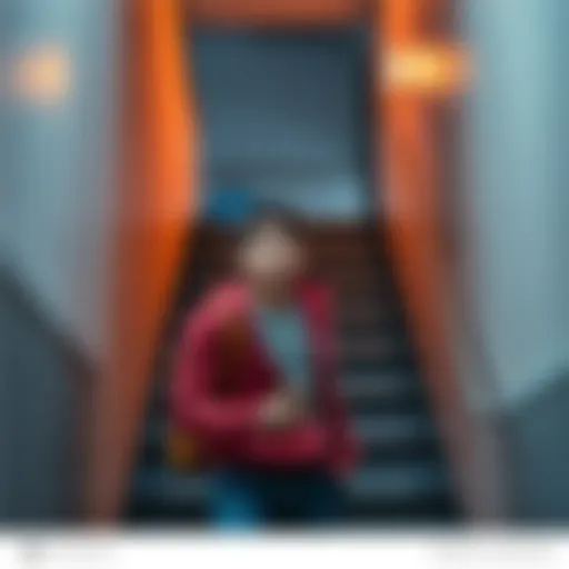 A college student looking confused while on a steep staircase, holding a phone in one hand.