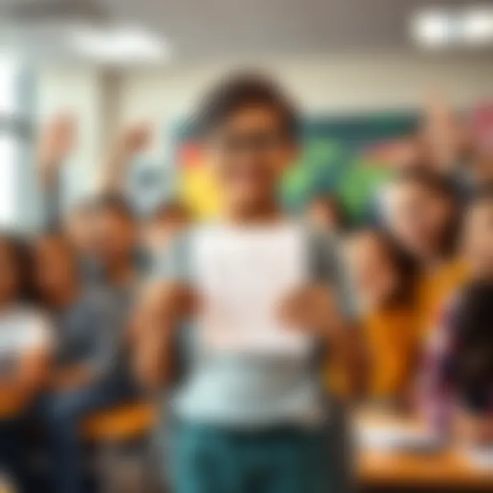 A smiling student holding a paper showing a passing grade, surrounded by supportive classmates in a classroom setting.