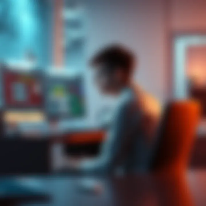 Student pondering simulation theory A student sitting at a desk, looking thoughtfully at a computer screen displaying digital graphics.