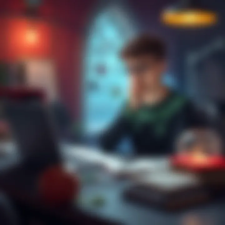 A concerned student sits at a desk with a laptop, looking thoughtful about buying a spell from MarysMagicShop, surrounded by books and a magical item.