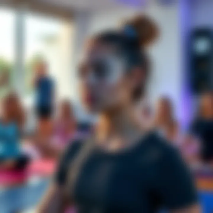 A student in a yoga class looking concerned while listening to music from a speaker, with an instructor leading the class in the background.