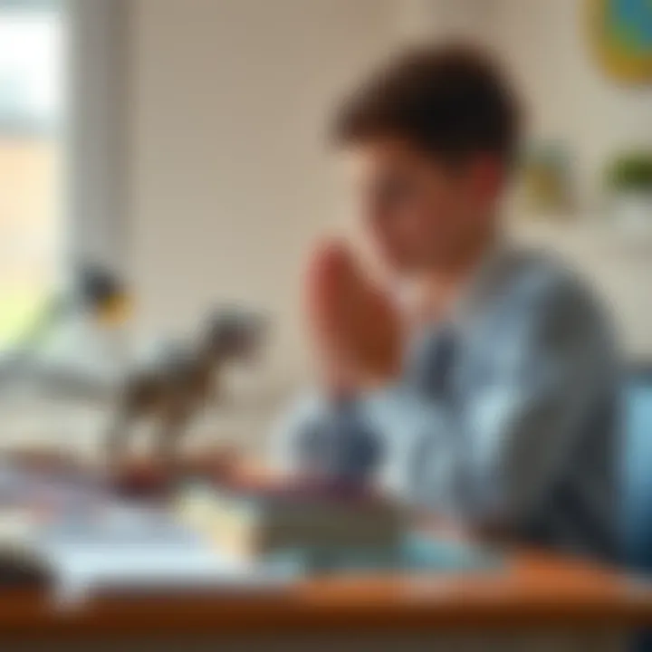 A college student praying with books and a dinosaur model on the desk, contemplating a major switch to paleontology