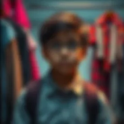 A high school student looking anxious while choosing an outfit for Teachers Day, surrounded by parental rules and expectations.