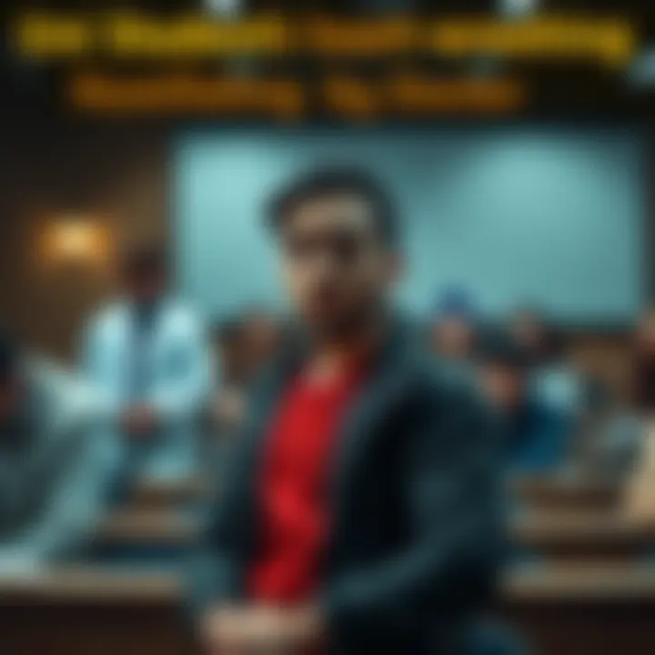 A university student looks upset while standing in front of a class during a presentation, with a doctor looking critical in the background.