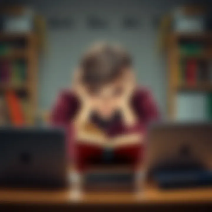 A student sitting at a desk looks worried, holding their head in their hands, surrounded by books and a laptop, looking for help to find a PDF copy of a book.