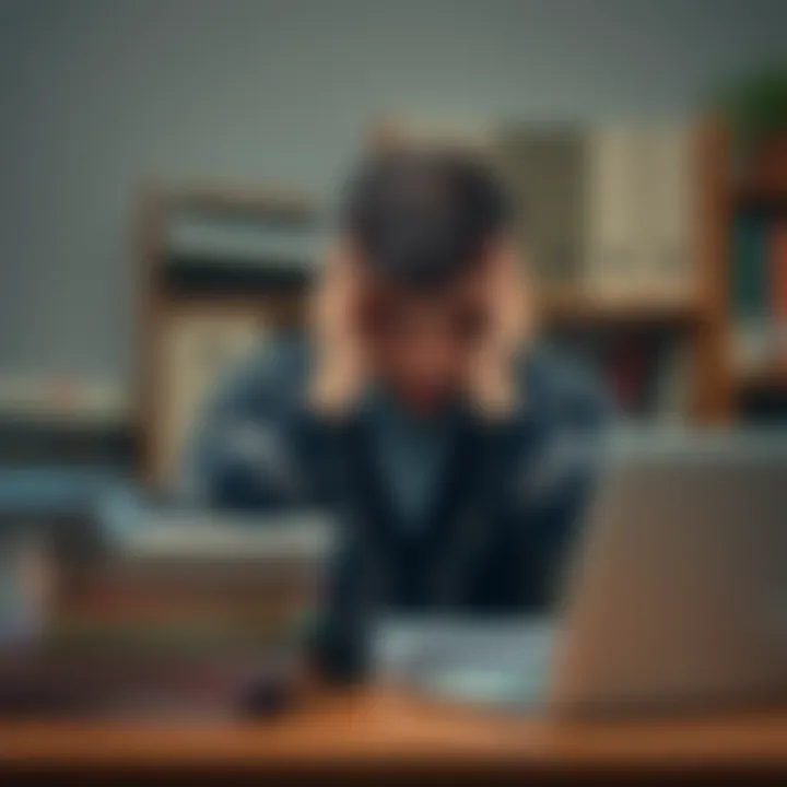 A worried student sitting at a desk with books and a laptop, looking overwhelmed and stressed out.