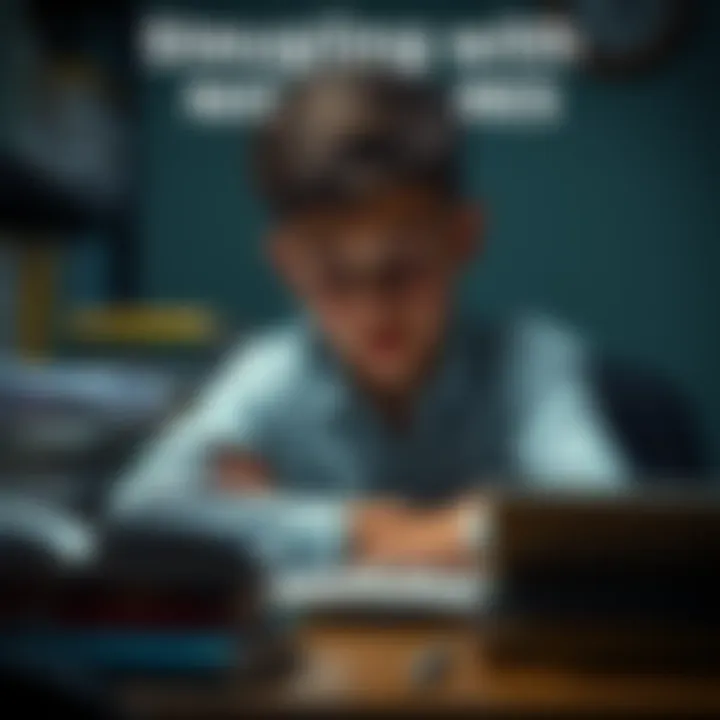 A tired student sits at a desk, surrounded by books, looking anxious. Dark circles under their eyes show lack of sleep, indicating the impact of nightmares on their studies.