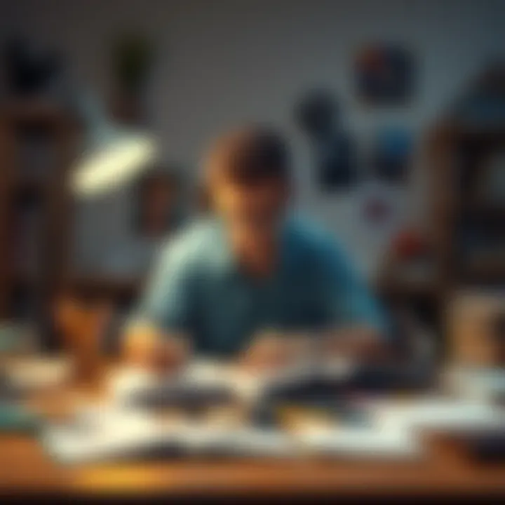 Student balancing studies and art A college student studying with books and art supplies scattered on the table, contemplating their future career