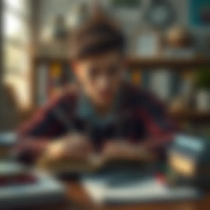 A student surrounded by books and study materials, looking focused and a bit anxious while preparing for their upcoming EA degree.