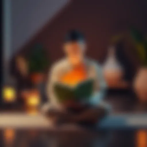 A student sitting cross-legged on a mat, reading a book about Buddhism, surrounded by candles and plants, creating a peaceful study environment.