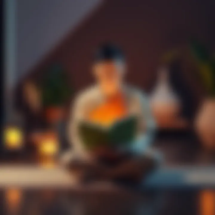 A student sitting cross-legged on a mat, reading a book about Buddhism, surrounded by candles and plants, creating a peaceful study environment.