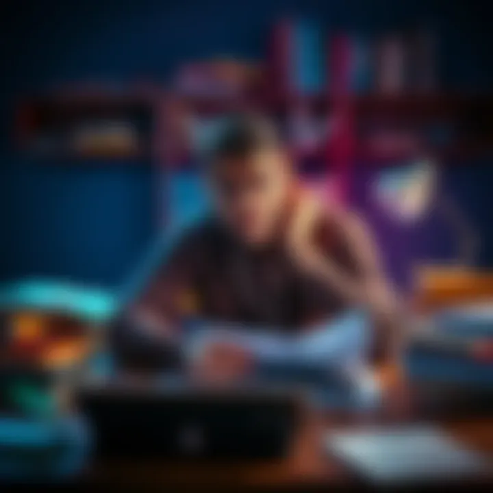 A student sitting at a desk surrounded by textbooks and notes, looking stressed while preparing for college entrance exams.
