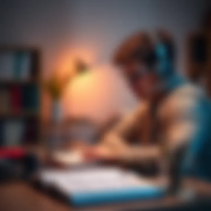 A student sitting at a desk with headphones on, focused on studying with open books and a laptop in front of them.