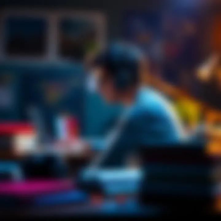 A student wearing headphones sits at a desk surrounded by books, looking focused as they study for exams.