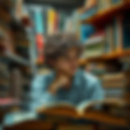 A psychology student surrounded by books on Jungian concepts, looking thoughtful and focused, representing a struggle to reconnect with their studies.