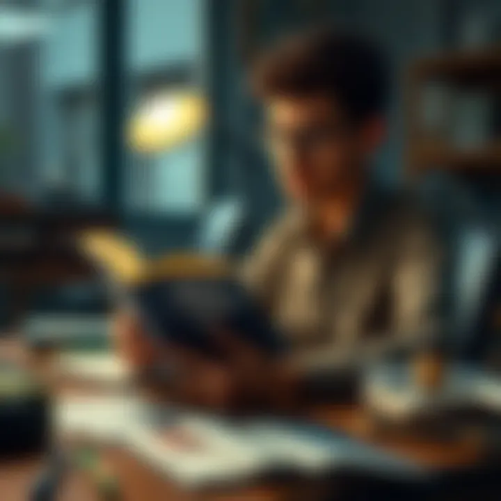 A focused student sitting at a desk with Neville's teachings book, surrounded by study materials, looking determined while preparing for the JEE exams