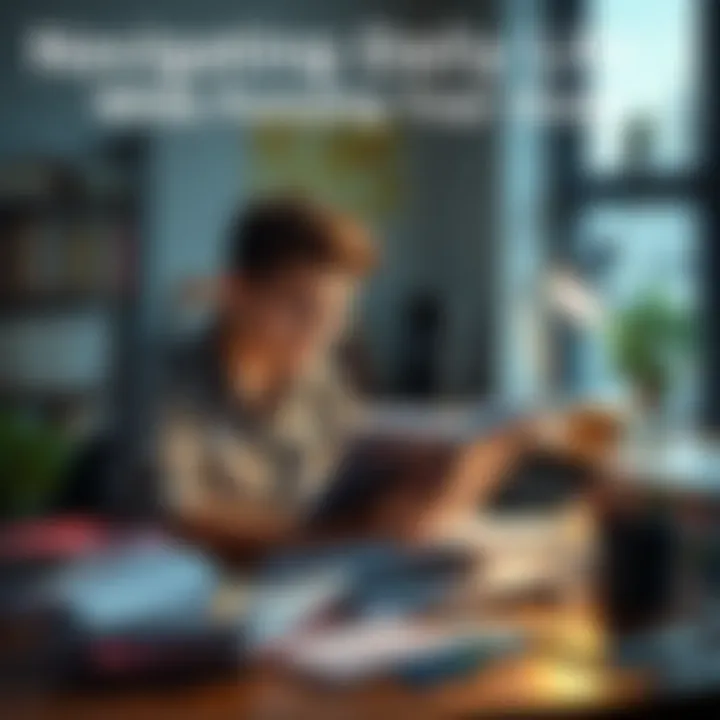 A college student sits at a desk, looking at books and a planner while surrounded by notes, focused on their studies.