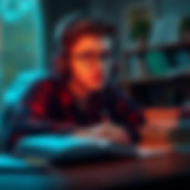 A student wearing headphones, looking focused while studying with books and notes on the table