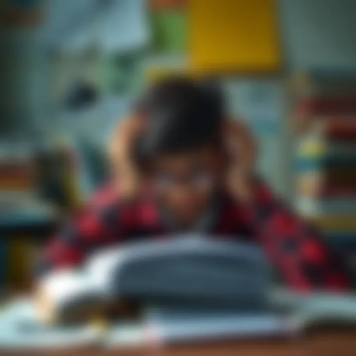 A stressed student surrounded by books and notes, showing signs of anxiety while studying for exams.