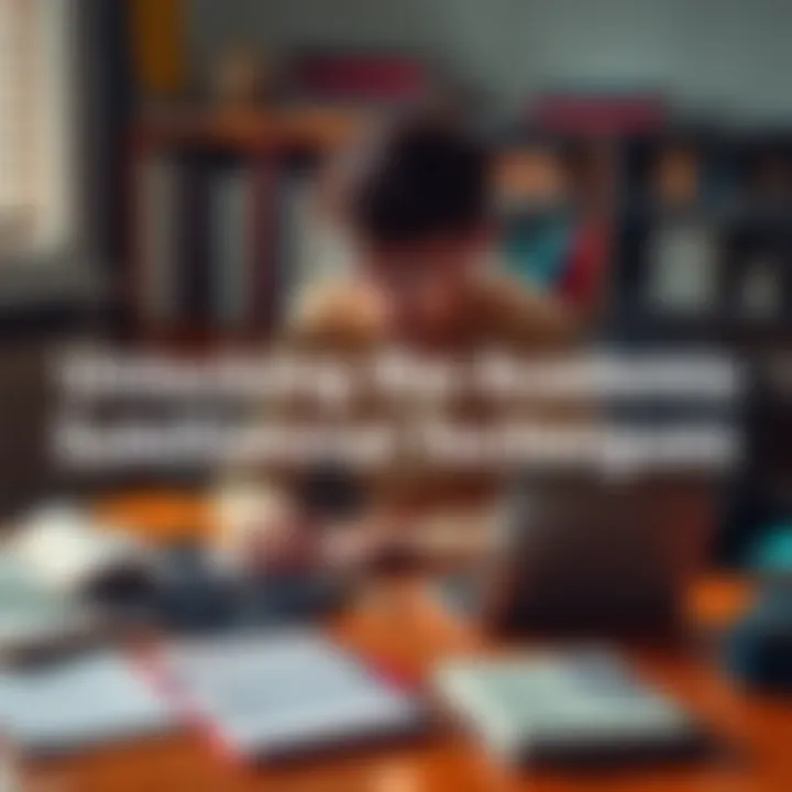 A student sits at a desk surrounded by open notebooks and a laptop, focusing intently on studying, with books and notes scattered around.