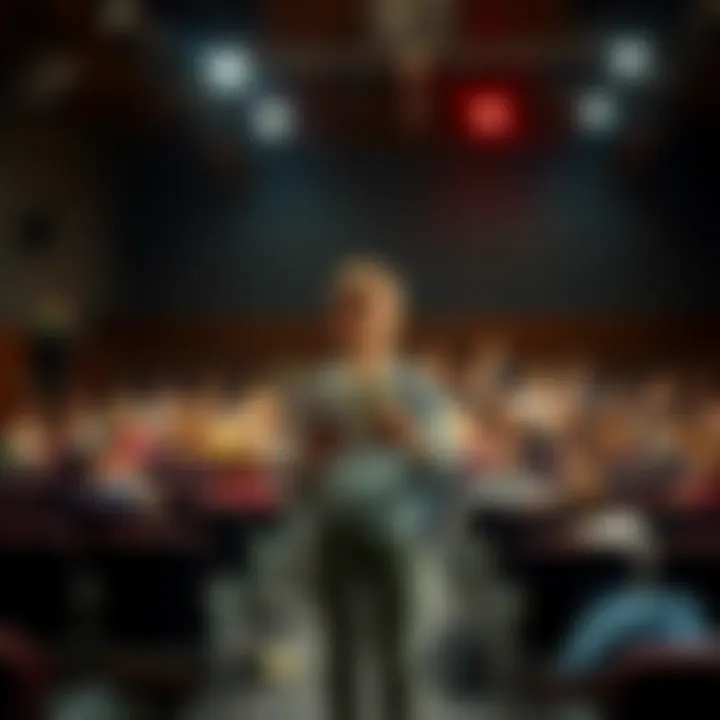 A high school student stands on stage, looking concerned while holding a script for a Greek mythology play, surrounded by theater props.