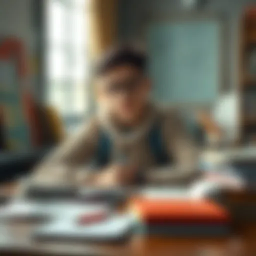 A student sitting at a desk, looking focused while visualizing success in their studies, with books and notes around them.