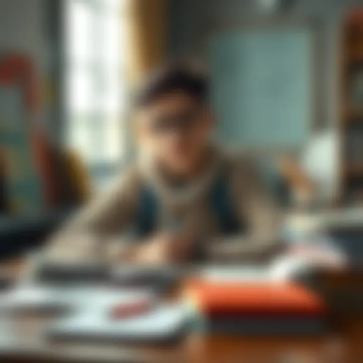 A student sitting at a desk, looking focused while visualizing success in their studies, with books and notes around them.