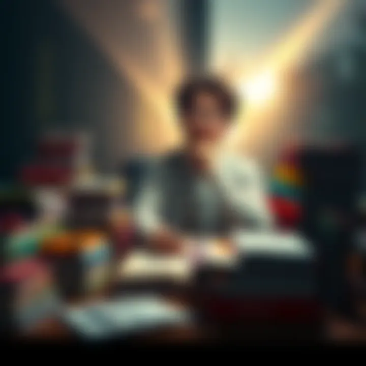 A student sitting at a desk surrounded by books, visualizing higher grades with a focused expression, light shining around them, symbolizing manifestation, a notepad with grades in the background.