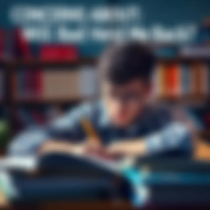 A student looking stressed while studying, surrounded by textbooks and notes, concerned about graduation due to bad grades.