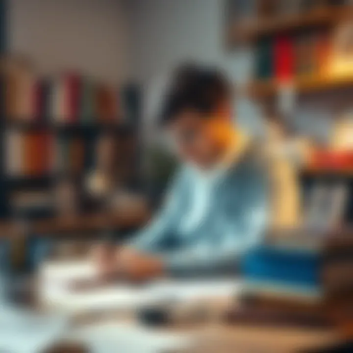 A mature student sits at a desk, focused on writing a personal statement for Classical Studies, surrounded by books on Ancient Greece and notes about myths and culture.